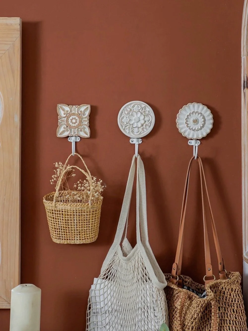 Decorative bohemian coat hooks - White & Tan Wall Hooks - Set of 3
